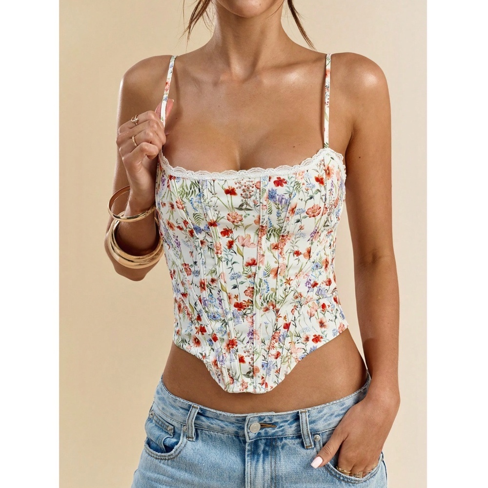 White Ditsy Floral Cami Top Corset Style Lace Up Back - Picture 2 of 9